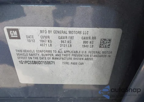 2013 Chevrolet Cruze 1Lt Auto из США, поврежденный, VIN 1G1PC5SB6D7150671